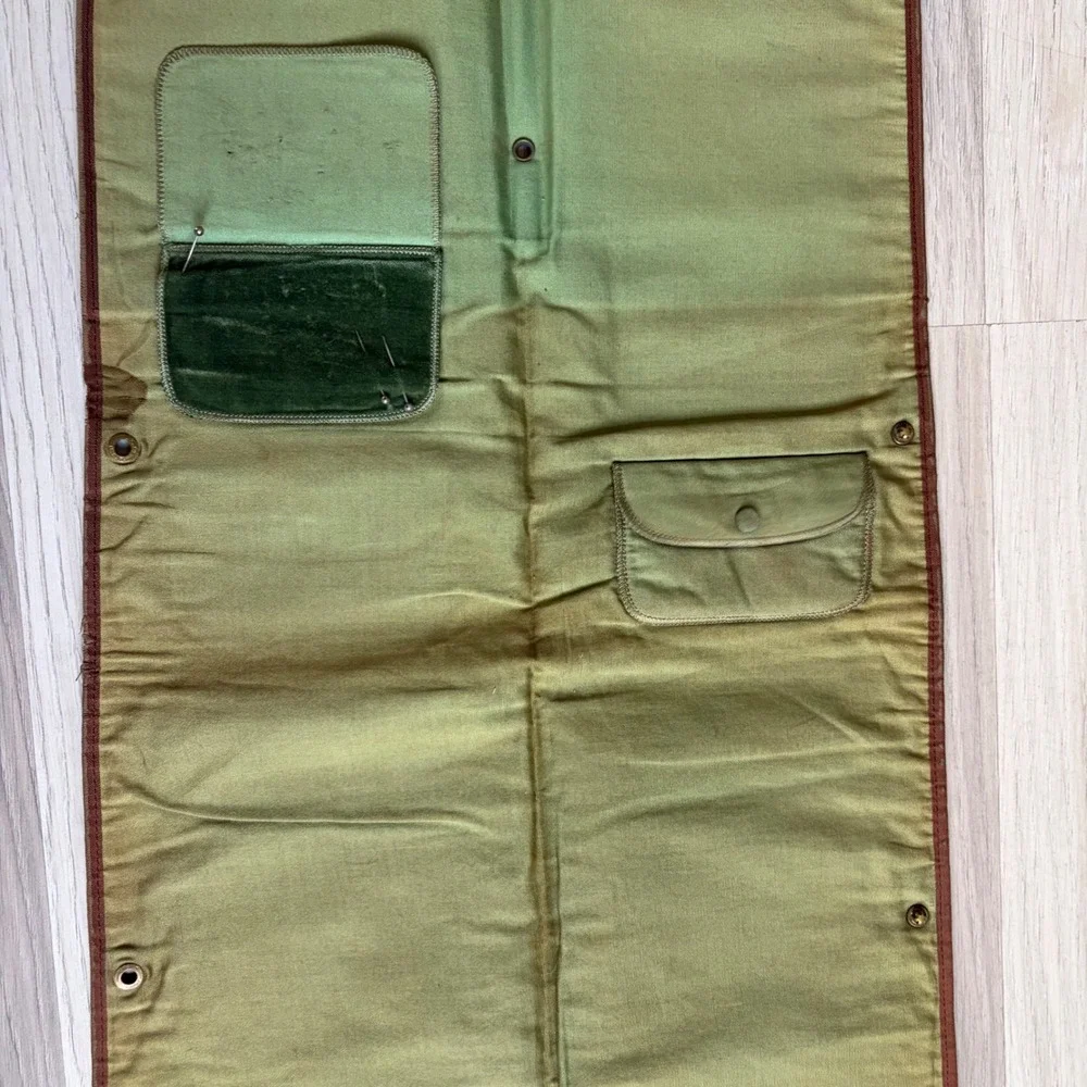 Vintage Brown Leather Sewing/Tie Case Green Canvas Organizer H.A. Giddings